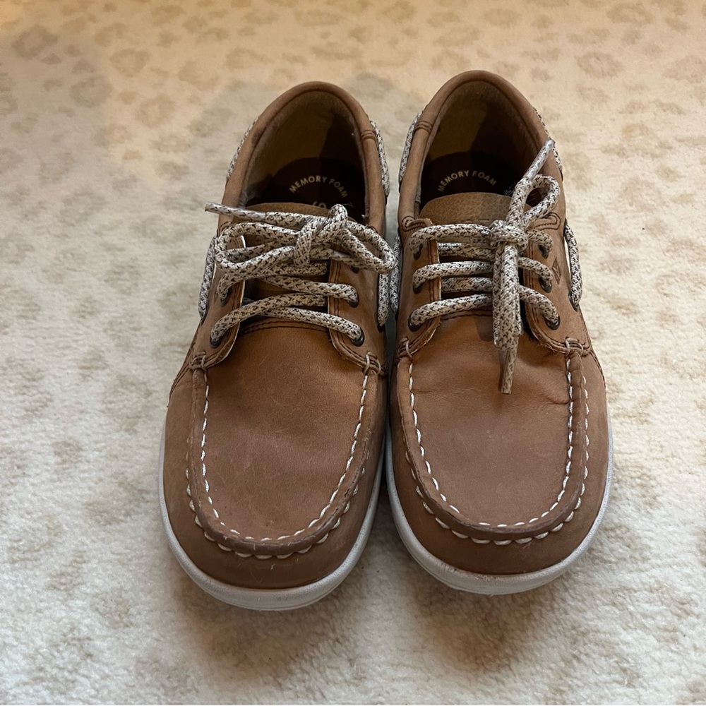 Sperry Tan Boat Shoes with White Stitching - Picture 2 of 8